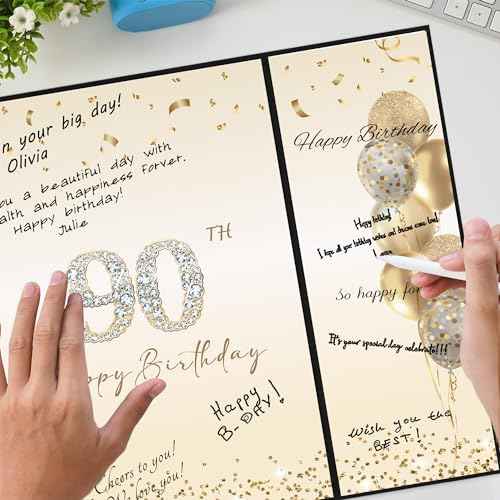 DARUNAXY Black Gold 90th Birthday Party Decorations, Happy 90th Birthday Alternative Signature Guest Book for Men Women Cheers to 90 Years Old Gifts 90 Birthday Signing Card Board Party Supplies