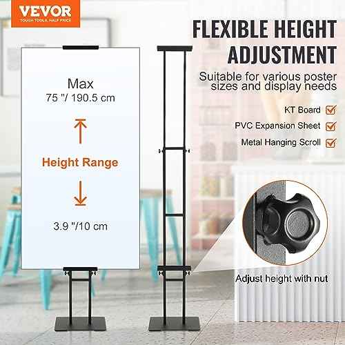 VEVOR Poster Stand, Adjustable Height Up to 75", Double-Sided Heavy Duty Pedestal Sign Holder, Floor Standing Sign Holder Banner Stand with Shock-absorbing Base for Display, for Board and Foam, Black
