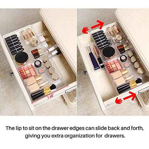 Oubonun Expandable Drawer Organizer 11.1¡± to 19.2¡± Width, Shallow Cosmetic Organizer 1.3¡± Height, 2 Packs, Clear Plastic Storage Trays for Dressing Table,Bathroom