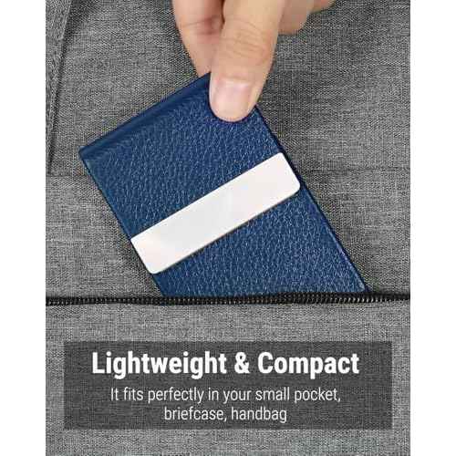 MaxGear Business Card Holder, PU Leather & Stainless Steel Business Card Case for Men or Women, Slim Name Cards Holder RFID Blocking Credit Cards Carrier with Magnetic Closure, Blue