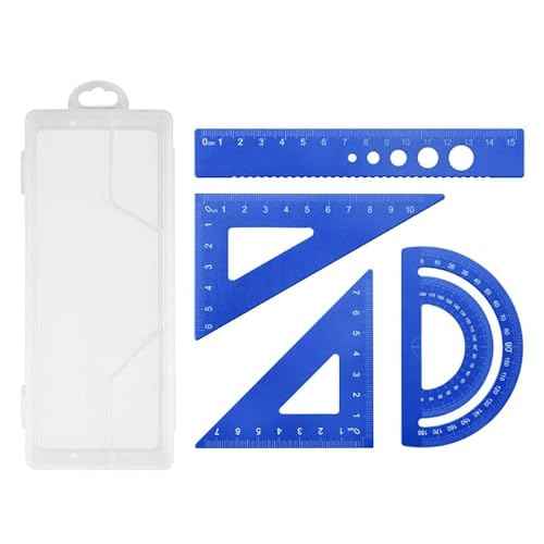 4pcs/Set Aluminium Ruler Set Metal Geometry Maths Drawing Compass Stationery Rulers Mathematical for School (Dark Blue)