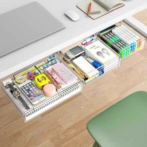 Clear Under Desk Drawer, 3 Pack Strong Adhesive Hidden Under Desk Storage - Large & Small Under Table Drawer Slide Out, Durable PET Under Desks Storage Drawers for Office Home