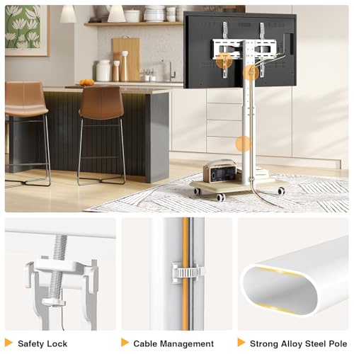 TVON 32-70 inch Rolling TV Stand with Wooden Base, White (Swivel 30°, 9-Height, Cable Management)