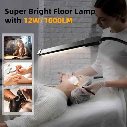 Floor Lamp, Bright Led Lash lamp for Eyelash Extensions, Dimmable Brightness and 3 Colors Lash Light, Adjustable Height and Gooseneck for Makeup Light lash Bed(Black)