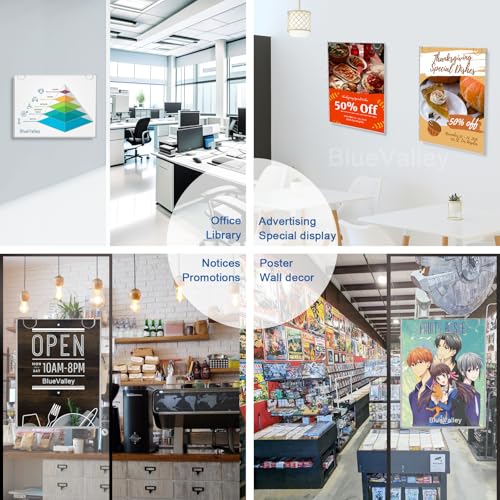 BlueValley Acrylic Sign Holder 8.5 x 11 Wall Mount - Vertical Clear Paper Display Holder with Mounted Tapes & Screws for Flyer, Document, Menu, Picture - Plastic Wall Frames for Offices, Homes, Restaurants, Stores - 12 Pack