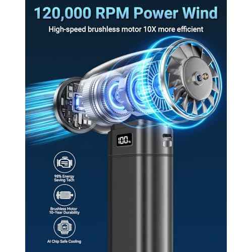 Handheld Mini Turbo Fan 120000RPM 6-Speed Turbo Power 9000mAh Portable High Speed Cooling Air Blower Cordless Air Duster Hair Dryer with LCD Display SOS Light for Travel Outdoor