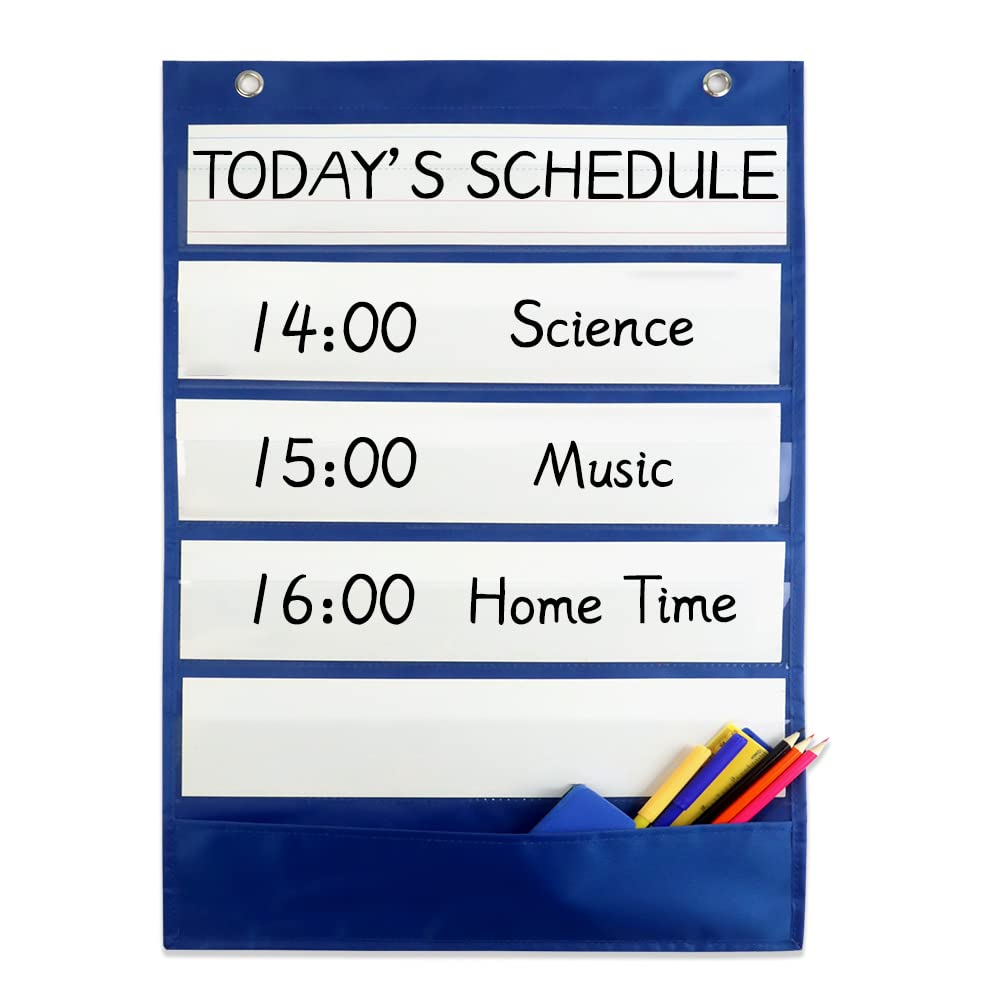 Mewise Pocket Chart with 10 Double Sided Sentence Strips, Activities, Class Demonstrations, Standards Pocket Chart, 420D Polyester, Blue