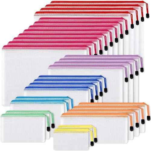 EOOUT 30pcs Mesh Zipper Pouch Bags, 8 Sizes Plastic Bags, 8 Colors Waterproof Pouches with slide fastener for Organization, Multipurpose for Travel, School Supplies, Office and Home Organization