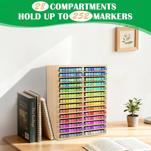 Bamboo Marker Organizer for 252 Markers, Large Wood Alcohol Marker Storage Rack Pencil Holder for Kids Classroom Desk