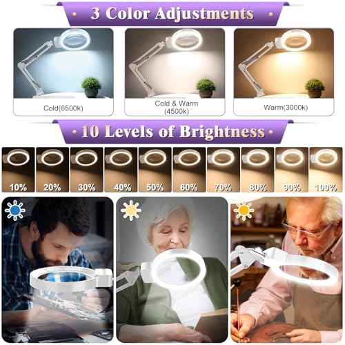 10X 30X Large Magnifying Glass with Light and Stand, 5-inch Lighted Magnifier, 72 LED 3 Color Modes Stepless Dimmable, Hands-Free Magnifying Glass Desk Lamp for Reading Craft Hobby Close Work White