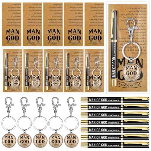 Man of God Gift for Men Christian Baptism Gifts Included Bible Verse Keychain Religious Ballpoint Pens with Cards Bags for Thanksgiving Day Christmas Church Pastors(30 Sets)
