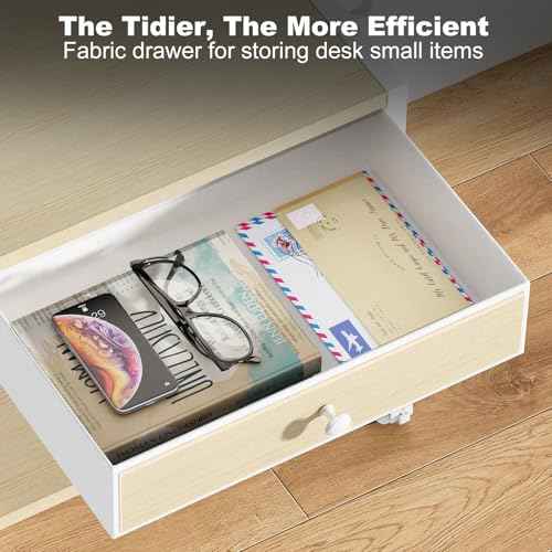 EasyCom 2-Tier Desktop Printer Stand with Large Drawer, Under Desk Storage with Wheels, Small Shelf with Storage for Paper Storage Printer Scanner Fax Home Office Use Beige