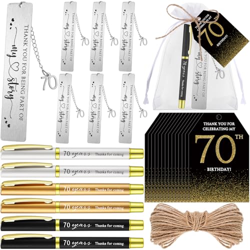 25 Sets Birthday Favors for Guests 25 Thanks for Coming Ballpoint Pens 25 Bookmarks 25 Cards with Organza Bag for Adult Birthday Anniversary Party Souvenir(Metal-70th)