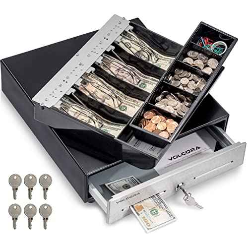 Volcora 13" Cash Register Drawer for Point of Sale (POS) System - Black with Stainless Steel Front - Fully Removable 2 Tier Cash Tray, 4 Bill/5 Coin, 24V, RJ11/RJ12 Key-Lock, Double Media Slot