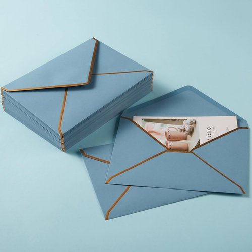 50 Pack A7 Envelopes Dusty-Blue 5 x 7 Self-Adhesive V Flap Envelopes with Gold Border for Office, Greeting Card, Wedding, Graduation, Baby Shower, Parties, Invitations
