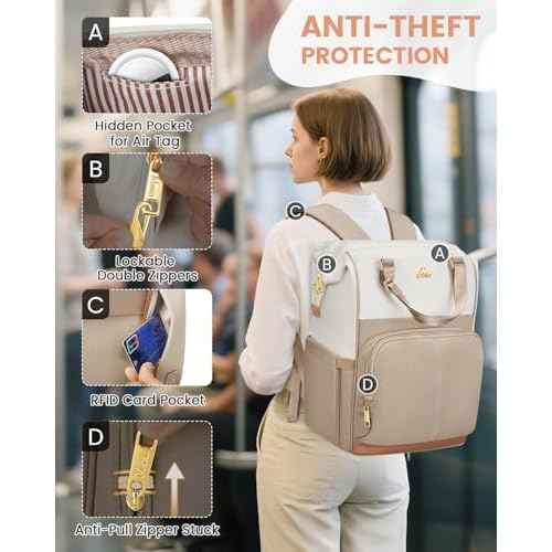 MATEIN Anti Theft Backpack for Women, 15.6 Inch Commute Work Backpack with Theftproof Zippers & RFID Pocket, Water Resistant Fashion Teacher Bag with USB Charging Port for Travel, Beige Khaki