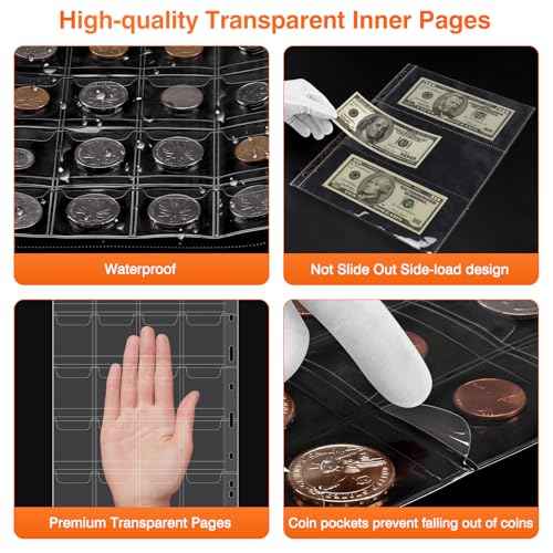 Coin Collection Book with 520 Pockets Coin Holders, Coin Albums for Collectors Coin Sleeves-Paper Money Binder Organizer Coins Storage Case with Lock,Collecting Coin Collection Supplies for Bill,Stamp