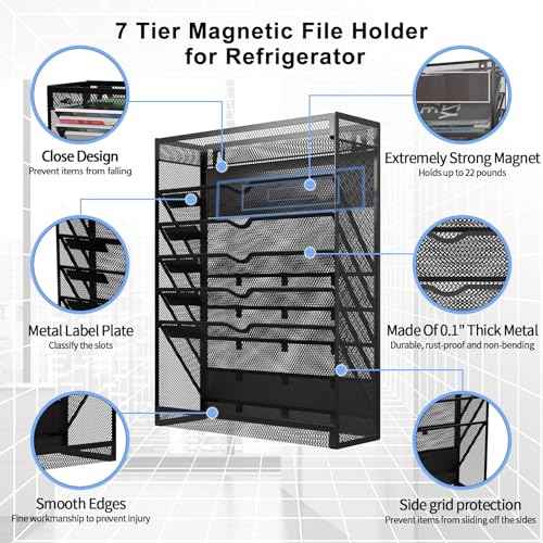 7-Tier Magnetic File Holder, No Drilling Wall File Organizer, Hanging File Organizer, Vertical Holder Rack for File Cabinets, Whiteboard, Refrigerator
