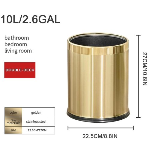 LEASYLIFE 2.6Gallon/10L Brass Gold Bathroom Trash Can - Gold Waste Basket for Bedroom, Office, Store - Metal Trash Bin Without Lid
