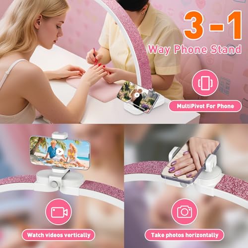 HITTI Super Large 31in Half Moon Light for Nail Desk, Foldable Arch Light for Nail Tech Lamp with Phone Stand, LED Table Lamp for Manicure, Handicraft, Art, Eyelash Extension (Crystal Diamond) -White