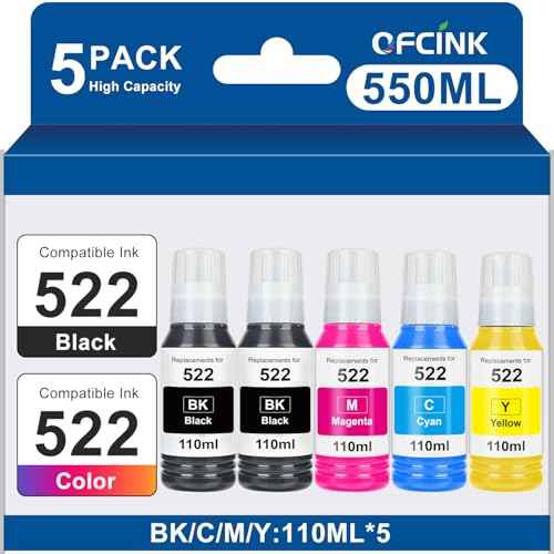 522 High Capacity (5 Bottles) Ink Refill Bottles Remanufactured for Epson 522 EcoTank Ink Use for EcoTank ET-2800, ET-4800, ET-2400, ET-2803, ET-2720, ET-2840, ET-4700 (550ML, Not Sublimation Ink)