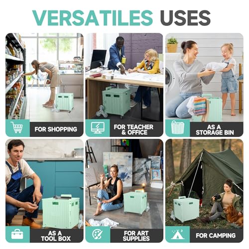 Foldable Rolling Crate for Stair Climbing : Utility Cart for Grocery File Office Book (Light Green)
