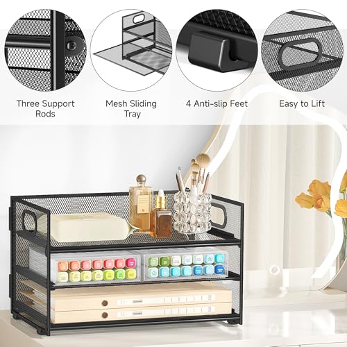 SUBEKYU 3-Tier Paper Letter Tray Organizer, Black Mesh Desk File Holder, 12.6x9.1x8.1 Inches