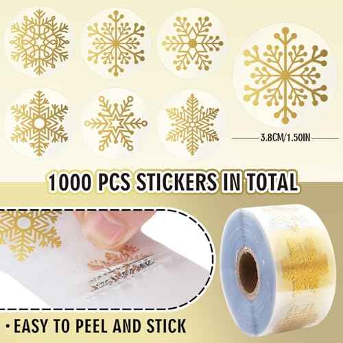 1000Pcs Clear Christmas Stickers Roll Gold Foil Snowflake Stickers Xmas Winter Holiday Round Adhesive Label Stickers Decal for Xmas Envelopes Invitations Cards Gifts Decor, 6 Designs