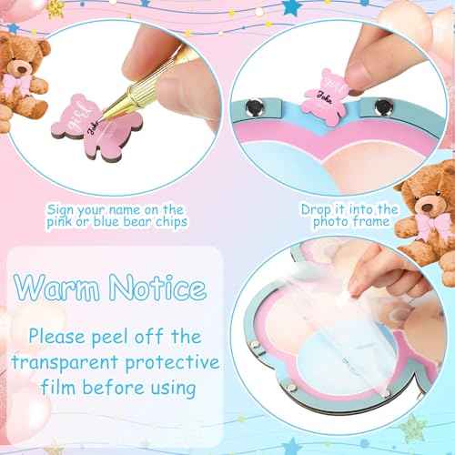 Wenqik 63 Bear Gender Reveal Baby Shower Guest Book Alternatives Set Baby Shower Decorations with Photo Frame Sonogram Frame Keepsake 60 Wood Slices Guest Book for Birthday