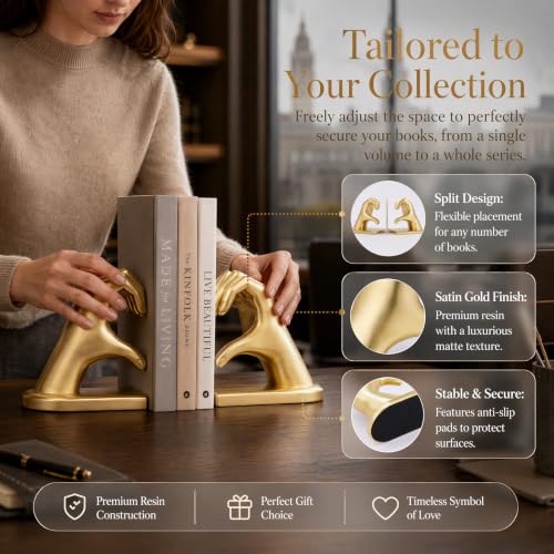 Gold Heart Hands Resin Bookend with Non-Slip Felt Base - Larger Size, Bookends for Living Room, Bedroom, Office | Xmeden Bookend-gold