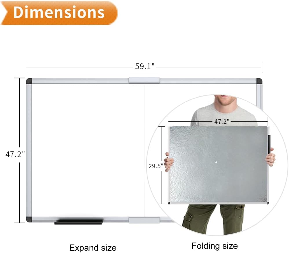 VIZ-PRO Magnetic Dry Erase Board - 60" X 48" Foldable Wall-Mounted Whiteboard with Aluminum Frame & Marker Tray