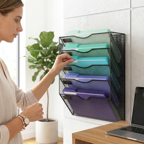 KZWKRG Black 5-Tier Magnetic Wall File Holder - No Drilling Office Organizer