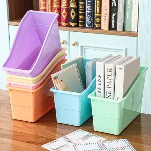 Blosssound 6 Set Book Bin with Label Stickers Plastic Stackable Organizing Bins 11.4 x 5.5 x 7.5 Inch Storage & Organization for Book Box Baskets for Classroom Library Home School Supplies