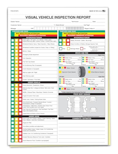 Pack of 250 Vehicle Inspection Report Forms 2-Part Carbonless 8.5 x 11