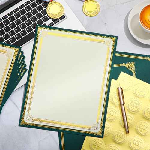 Kosiz 300 Pcs Linen Certificate Holders Kit 100 Gold Foil Certificate Paper 100 Single Sided Linen Diploma Holders 8.5'' x 11'' 100 Gold Foil Award Seals Sticker for Award Accomplishment (Green)