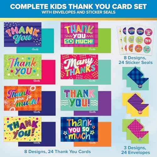 Decorably 24 Pack 6x4in Kids Thank You Cards Kids with Envelopes and Stickers, 8 Fun and Vibrant Designs Kid Thank You Cards with Envelopes, Blank Inside - All Occasion, School Events