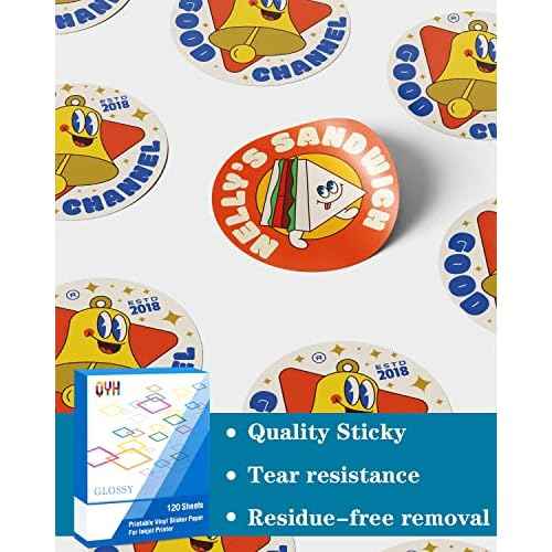 QYH Printable Vinyl Sticker Paper for Inkjet Printer Glossy 120 Sheets Adhseive White Labels 8.5"x11" Decal Paper