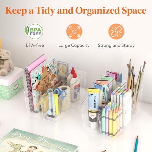 Lifewit 2-Pack Plastic Divided Caddy Organizer with Handle, Portable Art Supply Storage Organizer for Craft Supplies, Cosmetics, Holds Pencil, Crayon, Brushes, Hair Product, Dorm Shower Caddy, Clear