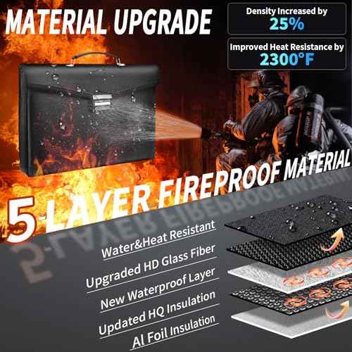 Heat & Water Resistant Fireproof Document Bag w/2 Pockets, Lockable Fire Proof Money Box w/Zipper, 700 Sheet Capacity Safe Storage for Home Office Important Documents Cash & Laptop, Black, Legal Size