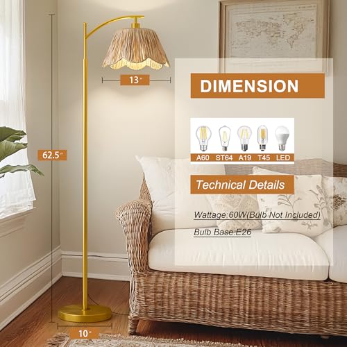 Oneach Brushed Gold Arc Floor Lamp with Rattan Shade, Foot Switch, Farmhouse Style for Living Room & Bedroom