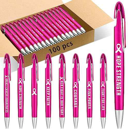 Lincia 100 Pcs Breast Cancer Awareness Ballpoint Pens Bulk Retractable Medium Point Pens with Black Ink Inspiration Thank You Gifts for Teacher, Back to School, Christmas