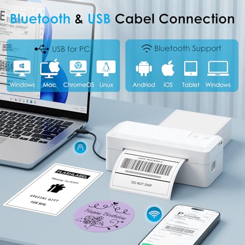 Shipping Thermal Label Printer, 4x6 Portable Label Printer, Bluetooth Label Maker for Small Business, Support iPhone,Android,Windows,Mac,Chromebook,Works with USPS, Ebay,Shopify&More, White