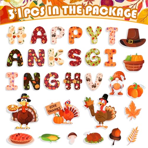 Konsait 31Pcs Thanksgiving Bulletin Board Decorations, Turkey Pumpkin Fruits Gnome Happy Thanks Giving Cutouts for Bulletin Board, Thanksgiving Decoration for School Home Office