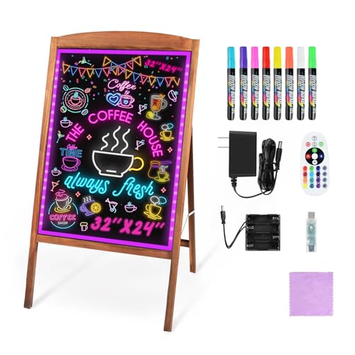 Hosim 32x24 Inch LED Message Board with Neon Colors & Markers — Illuminated A-Frame Sign for Restaurants & Retail