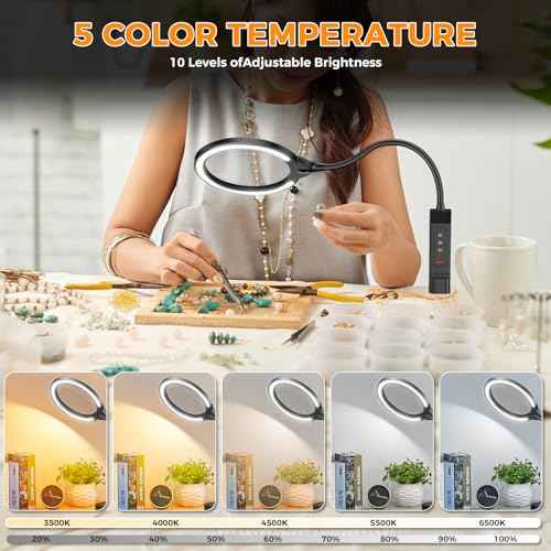 Magnifying Glass with Light and Stand, 15X & 8X Magnifying Lamp with Clamp, 5 Color Lighting Modes Stepless Dimmable LED Desk Lamp Hands Free for Crafts Hobby Reading Painting Sewing Close Work