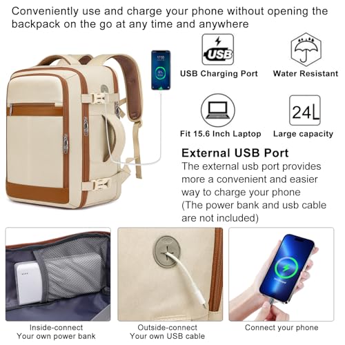 EZUOLA Travel Backpack for Women Large 25L Beige Carry-On Airline Approved