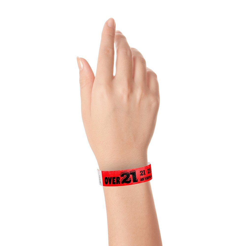 500 WristCo Over 21 Neon Red Tyvek Wristbands for Events - ¾” x 10” - Waterproof Recyclable Comfortable Tear Resistant Paper Bracelets Wrist Bands for Concerts Festivals Admission Party