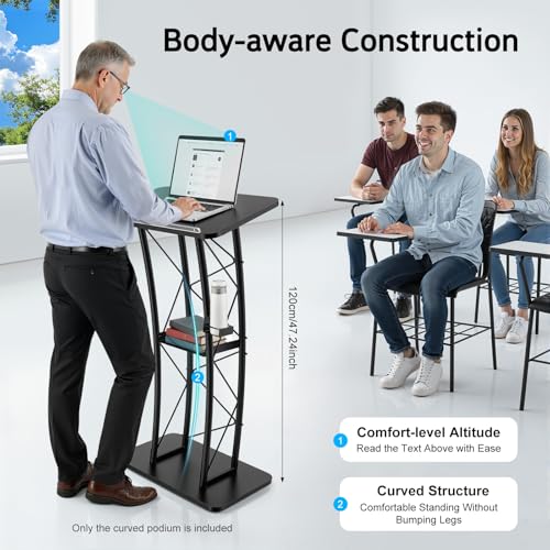LIAPDG Curved 47” Podium Lectern with Cup Holder – Black (Variation: #Black2)