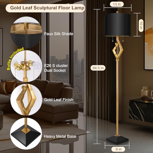 Scenekoy Sculptural 64.5¡± Floor Lamp for Living Room Bedroom, Gold Leaf Finish & Black Faux Silk Shade, Pull Chains Switch Standing Lamp, Brightness Adjustable Lamp with Bulb Prefer for Home Office