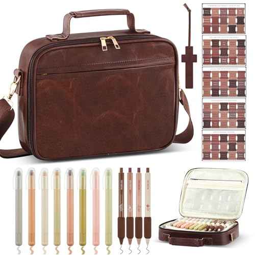Bible Cover Case for Men, Large Leather Bag with Study Supplies, Journaling Kit Book Carrying Case with Highlighters Pens, Gel Pens, and Bible Tabs, Leather Bookmarks for Christian Chirstmas Gifts